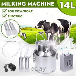 14L Cow Goat Sheep Milker Electric Milking Machine Stainless Steel Bucket Double