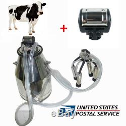 Farm Cow Milker+Stainless Steel Bucket Tank Barrel+ L80 Pneumatic Pulsator USPS