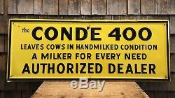Vintage CONDE 400 Cow Milker Dairy Farm Dealer Tin Embossed Sign 49x19
