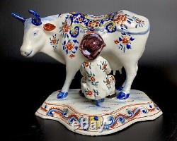 Antique 1700-1722 Marque Apk Néerlandaise Delft Vache Figurine Avec Milker Polychrome