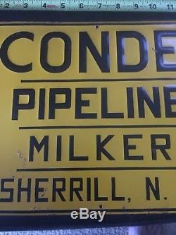 Vintage Conde Pipeline Milker Signe En Métal Gaufré Milk Farm Vache Sherrill Ny